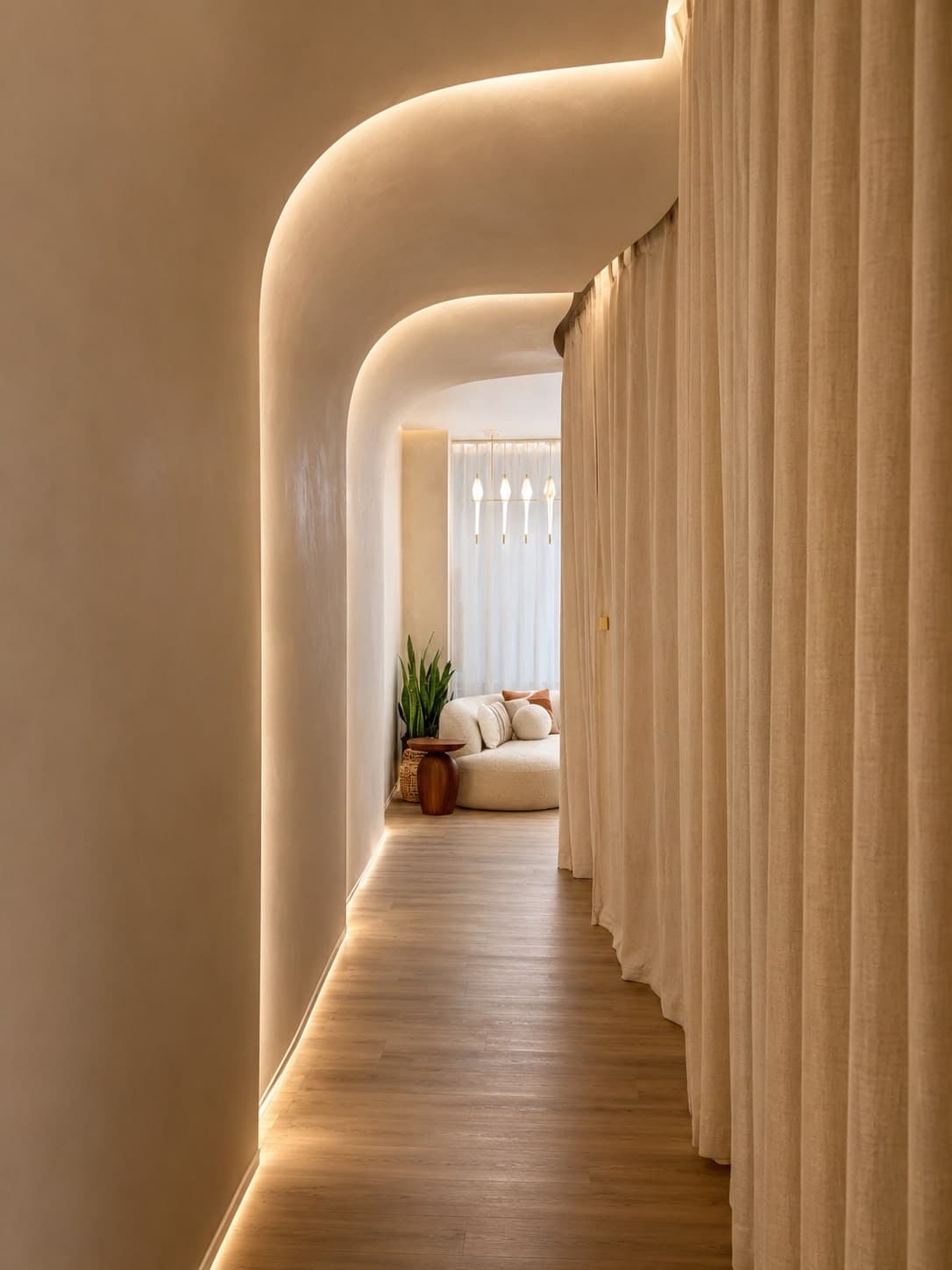 Curved hallway leading to the treatment rooms